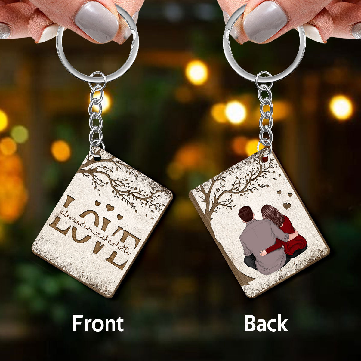Love Cut Through Couple Under Tree Personalized Wooden Keychain