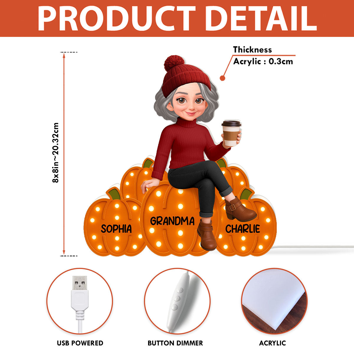 Grandma Mom Sitting On Pumpkins Marquee Pattern Effect Personalized LED Light Box, Cozy Fall Vibe Home Decoration