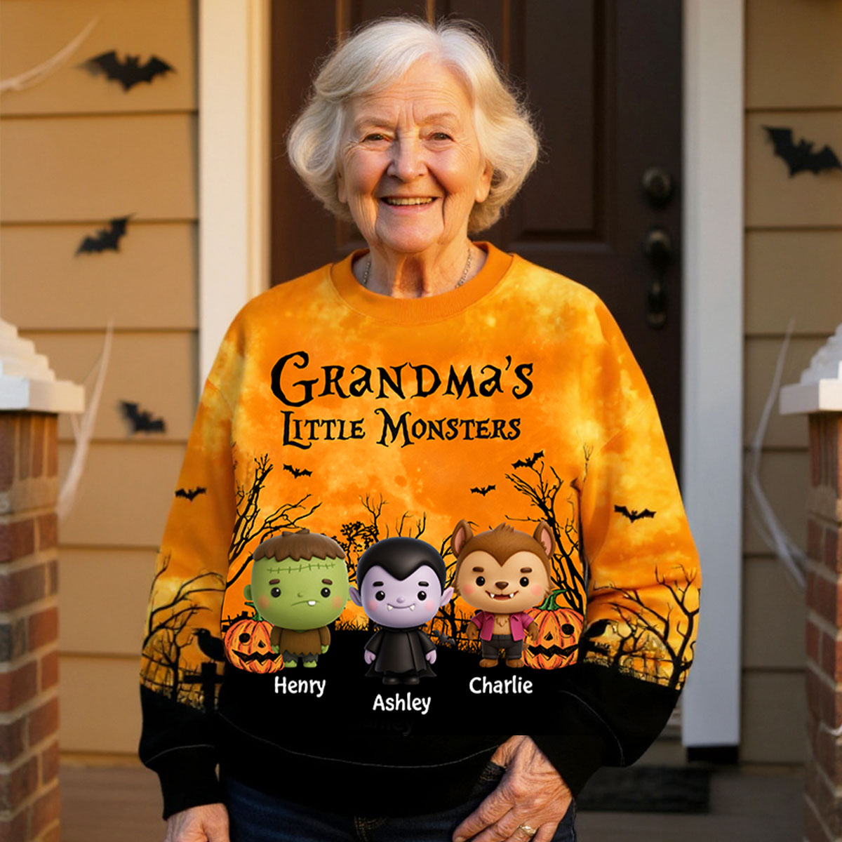 Grandma Mom Little Monsters Halloween Moon Light Bat Tree Personalized 3D Sweat Shirt, Purrfect Costume for Grandma