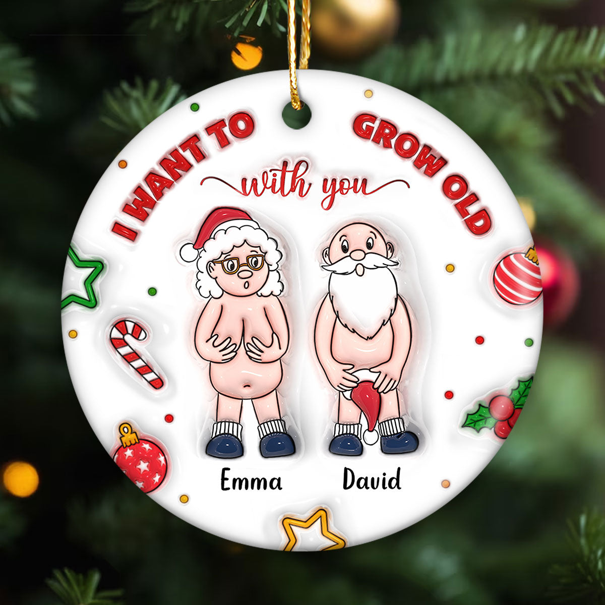3D Inflated I Want to Grow Old With You Personalized Ceramic Circle Ornament