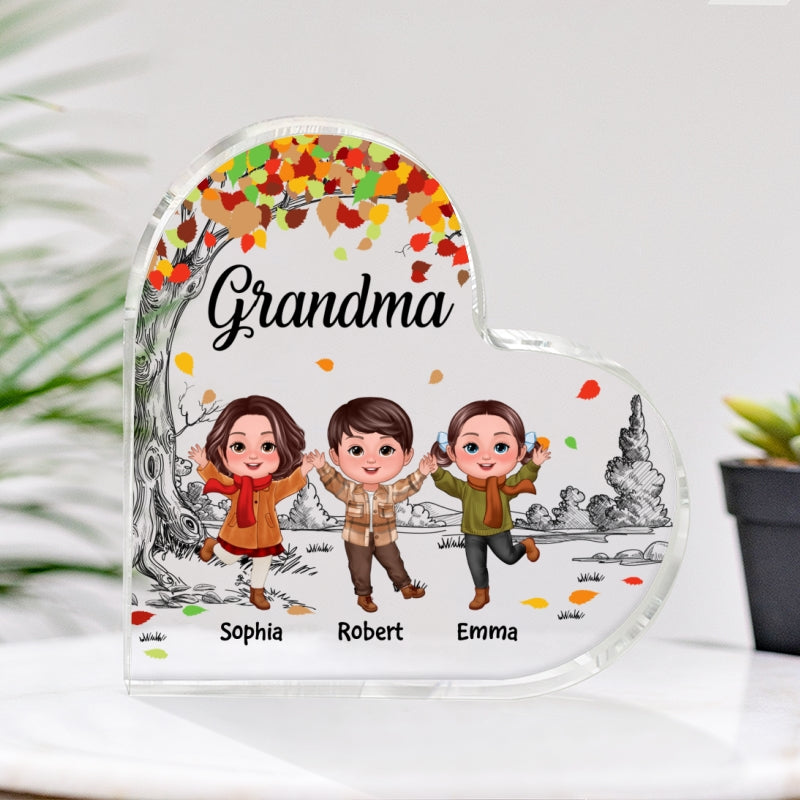 Happy Doll Kids Under Colored Fall Tree Personalized Heart Acrylic Plaque