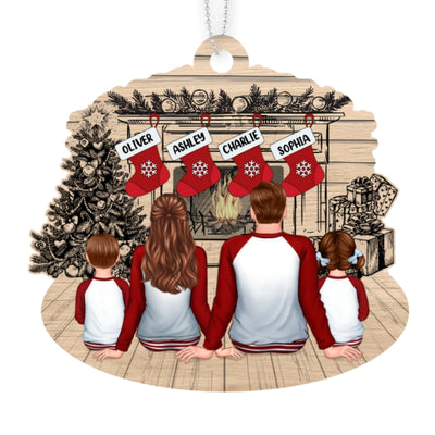 Pajamas Family Stocking Fireplace Sketch Personalized Wooden Ornament