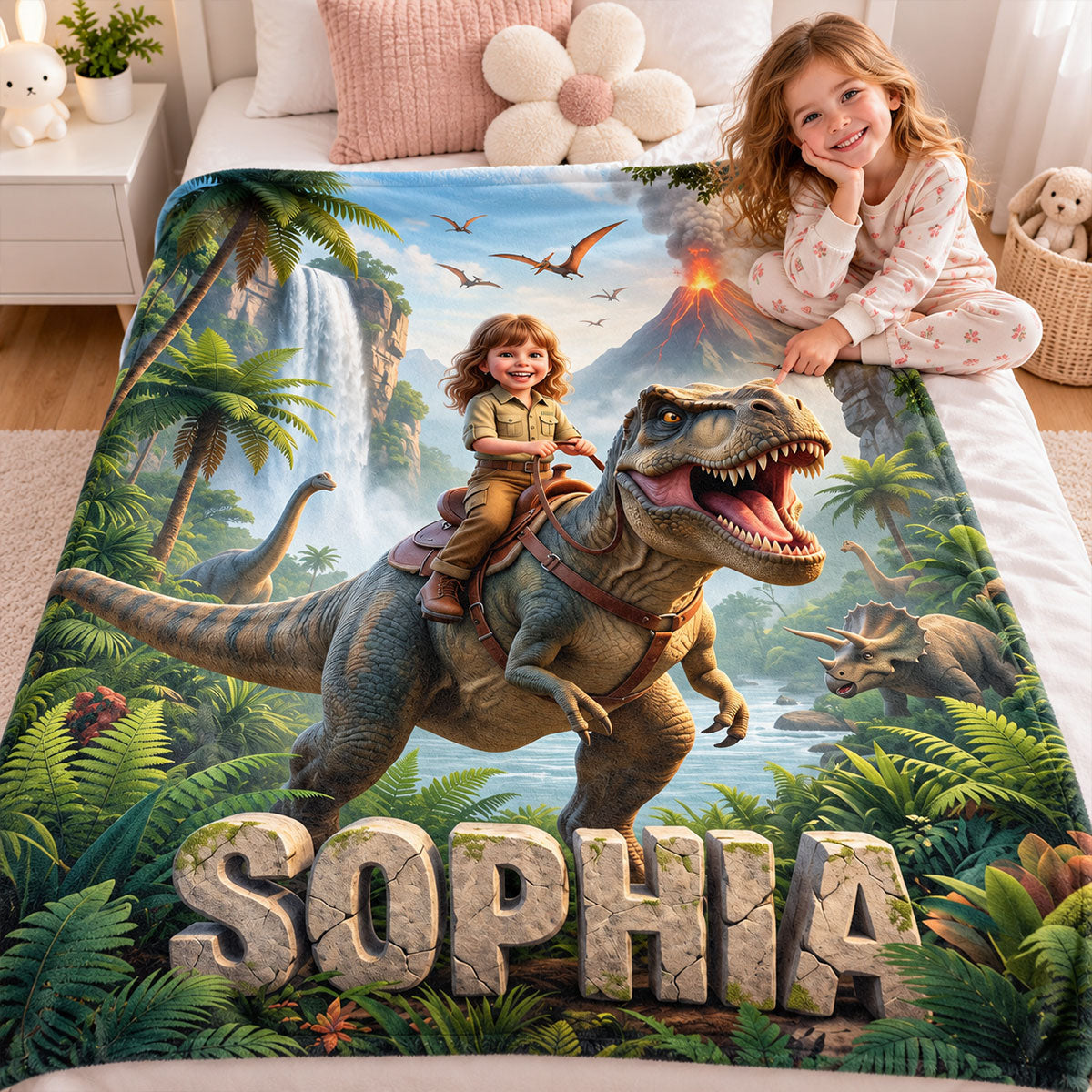 Kid Riding Dinosaur Custom Portrait from Photo - Personalized Fleece Blanket - Christmas Gift for Son, Daughter, Grandkids
