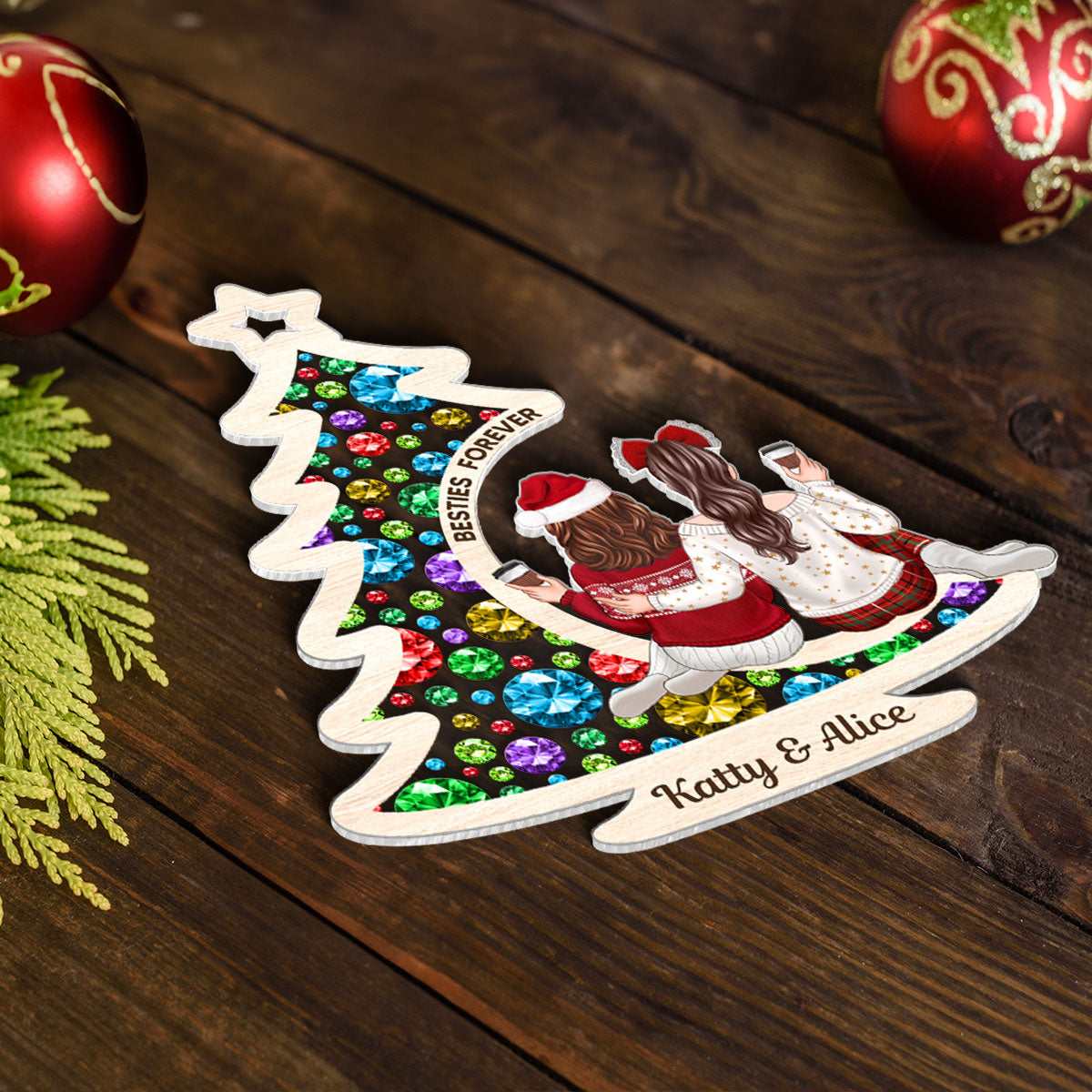 Sisters On Christmas Tree Gemstones Effect Personalized Acrylic Ornament, Christmas Gift for Sisters, Siblings, Besties