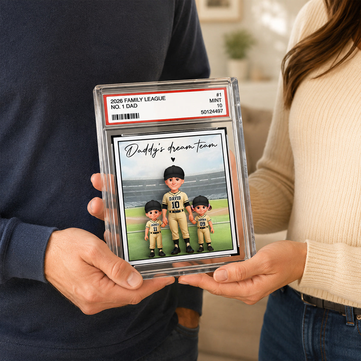 Baseball No. 1 Dad Man & Kids Standing On Court Trading Card Style - Personalized Acrylic Block Plaque - Father's Day Gift For Baseball Dad