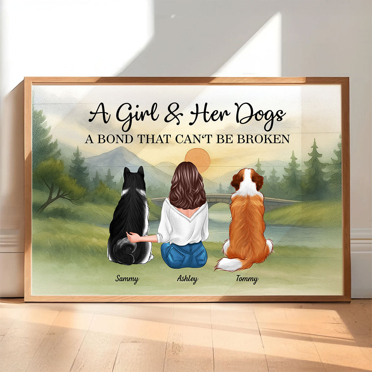 Retro Mountain A Man A Girl And His Dog A Bond That Can't Be Broken Personalized Poster, Gift for Dog Dad, Dog Mom