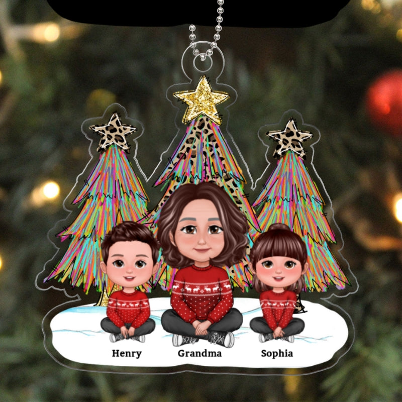 Leopard Colorful Christmas Tree Sketch Grandma Grandkids Personalized Acrylic Ornament