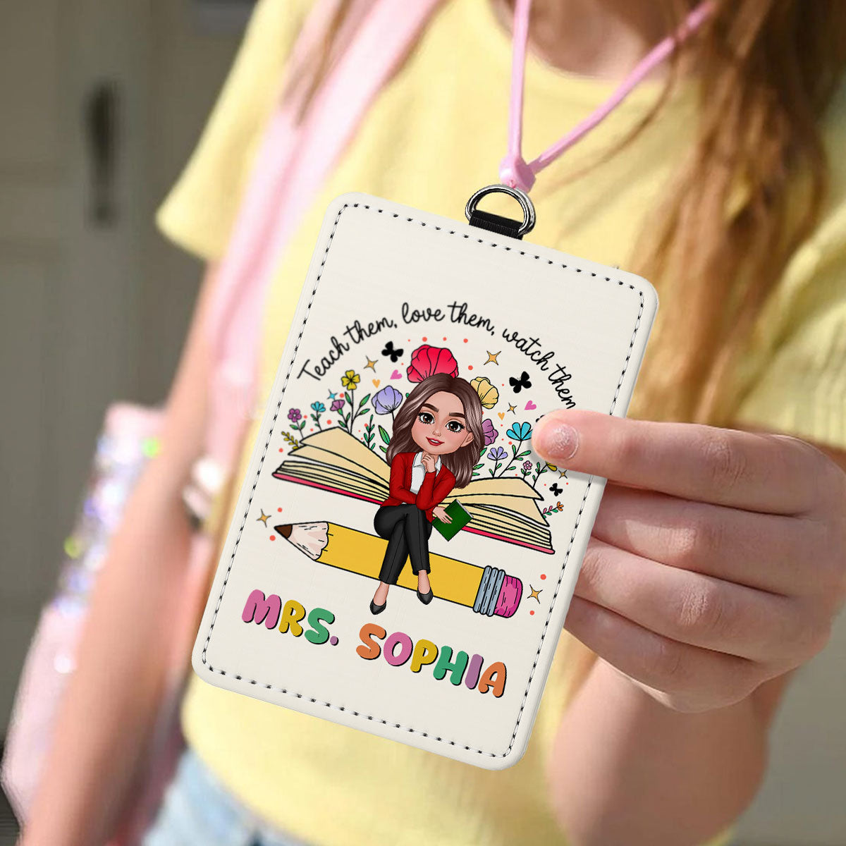 Teacher Teach Love Watch Them Grow Wildflowers Personalized ID Badge Holder, Back To School Gift