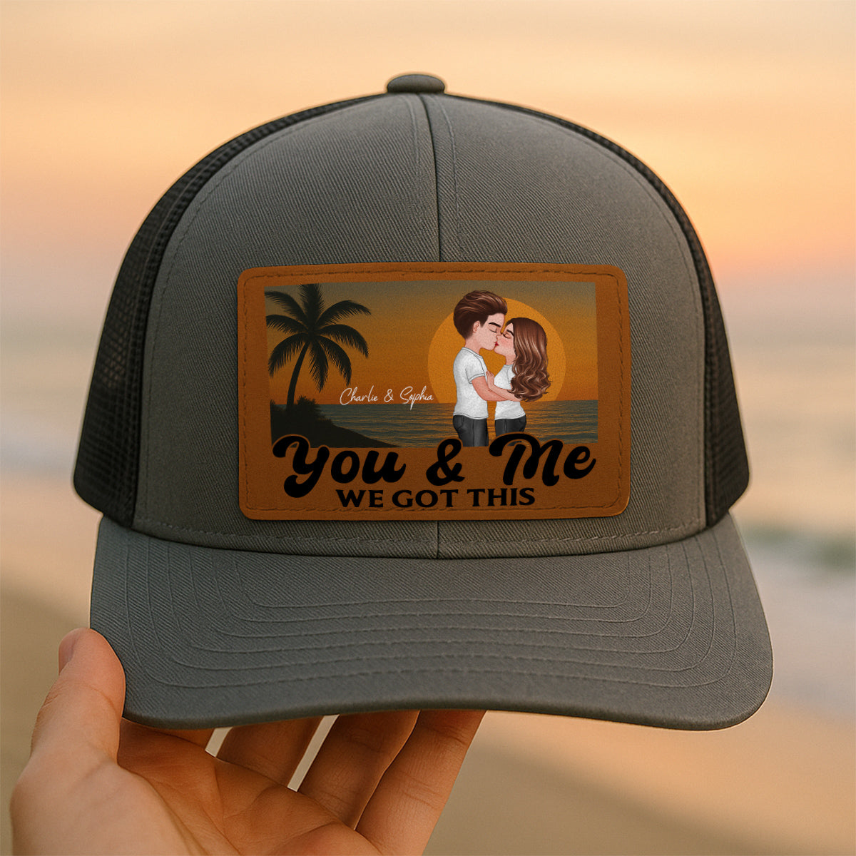 Retro Beach Summer Couple Kissing Personalized Leather Patch Hat