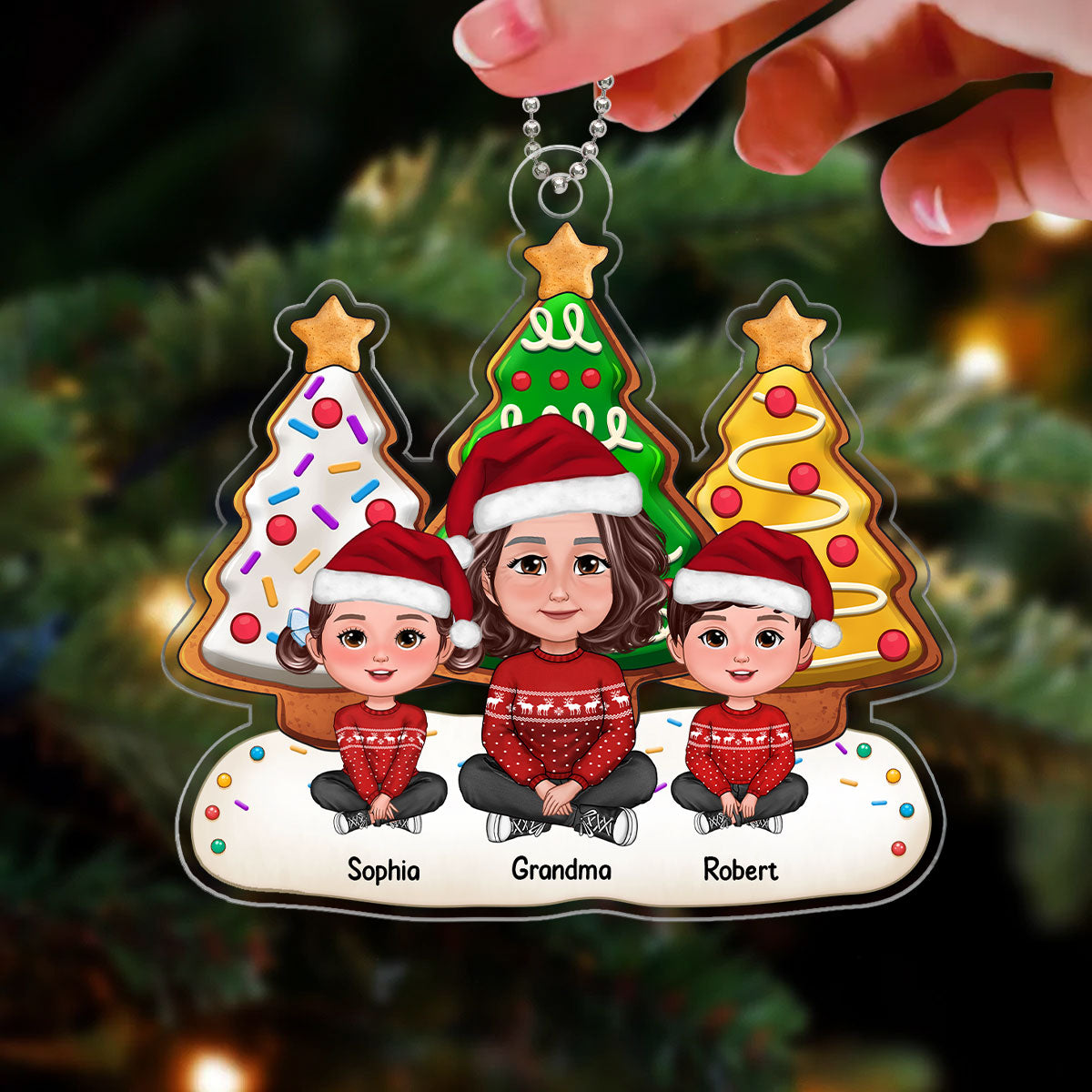 Grandma Grandkids Sitting Cookie Christmas Tree Personalized Acrylic Ornament