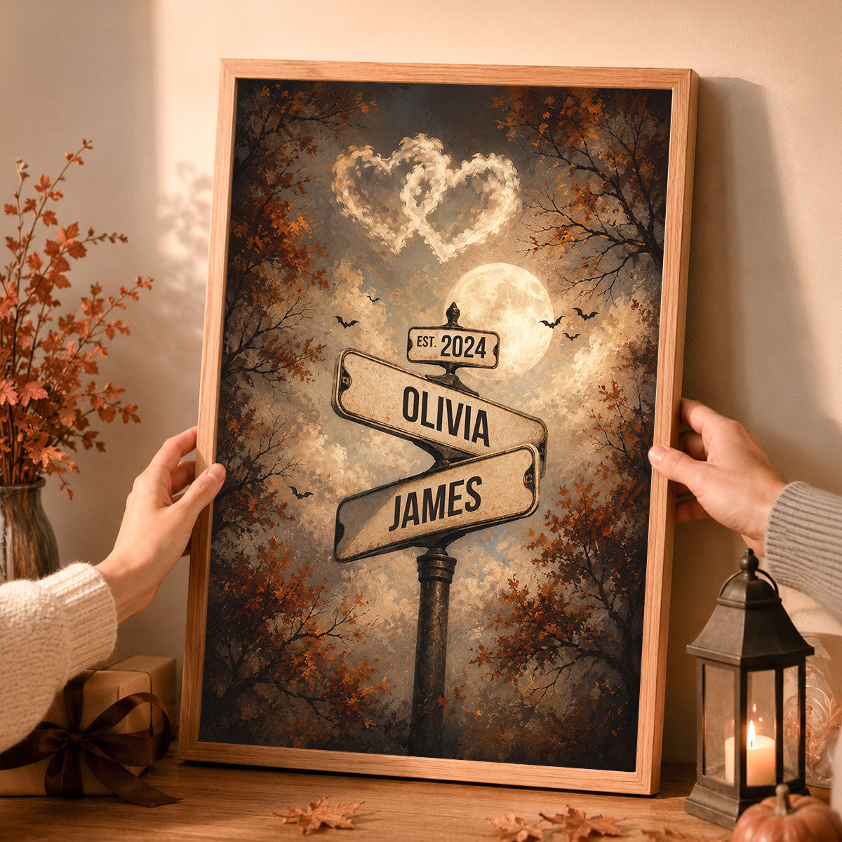 Spooky Halloween Full Moon Couple Street Sign - Personalized Poster - Custom Name And Date, Gift for Him, for Her