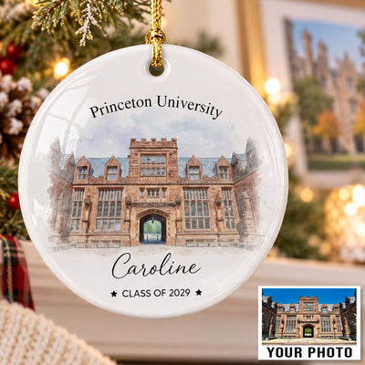Watercolor Style Custom College University Photo - Personalized Ceramic Ornament - School Photo Keepsake For Students, Seniors, Freshmen