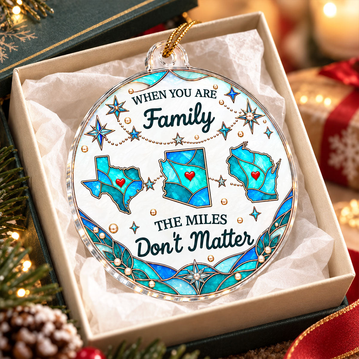 The Miles Don't Matter Family Friendship State Map 2D Flat Printed - Personalized Acrylic Ornament - Christmas Long Distance Gift For Family, Friends