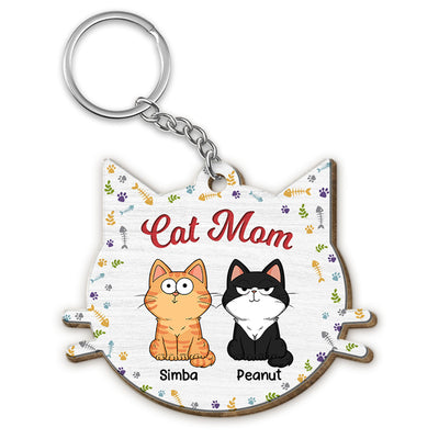 Funny Cat Expressions Personalized Cat Face Shaped Wooden Keychain