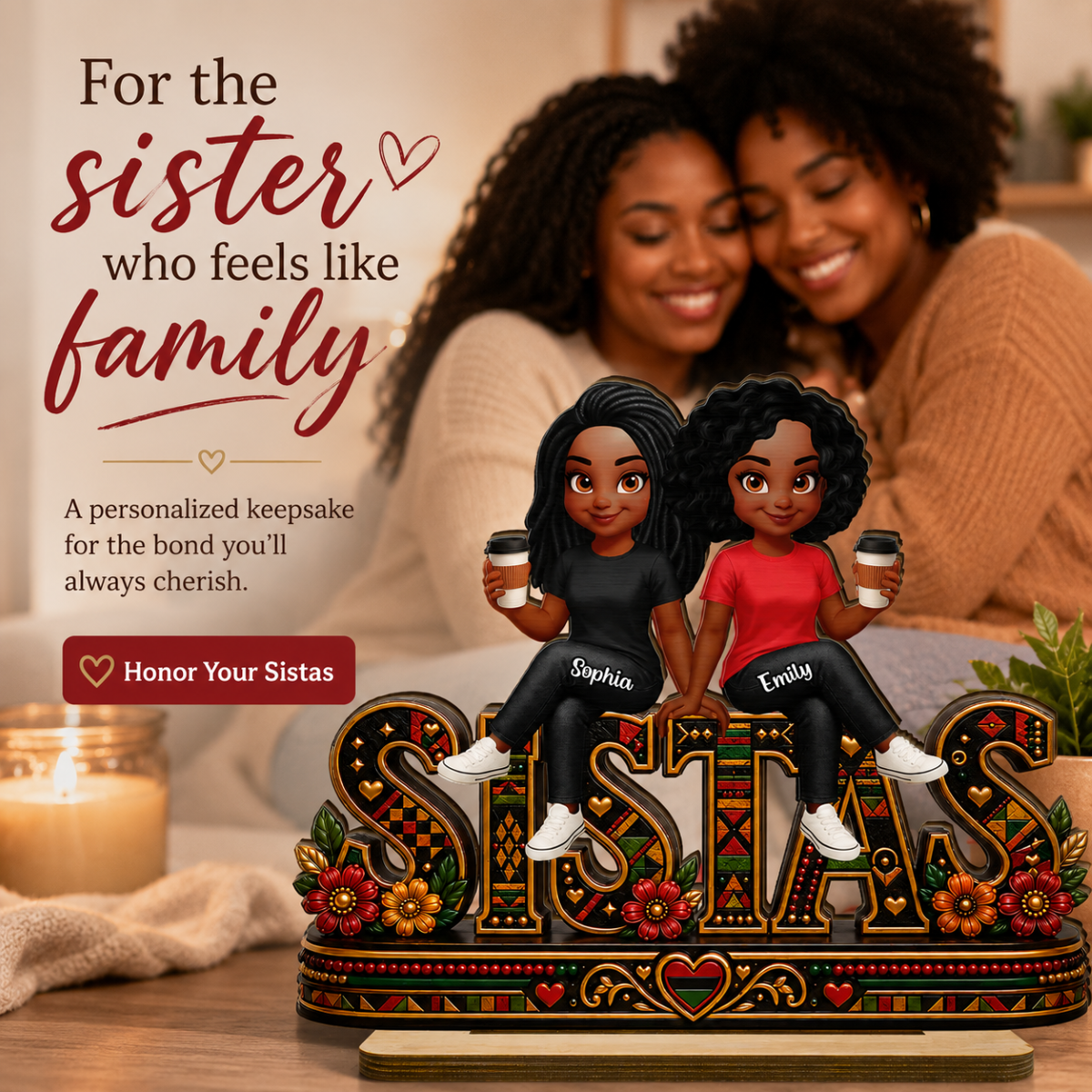 Tribal Patterned Besties Sisters Sistas Forever - Personalized 2-Layered Wooden Plaque - Birthday Gift, International Day of Friendship Gift For Best Friends