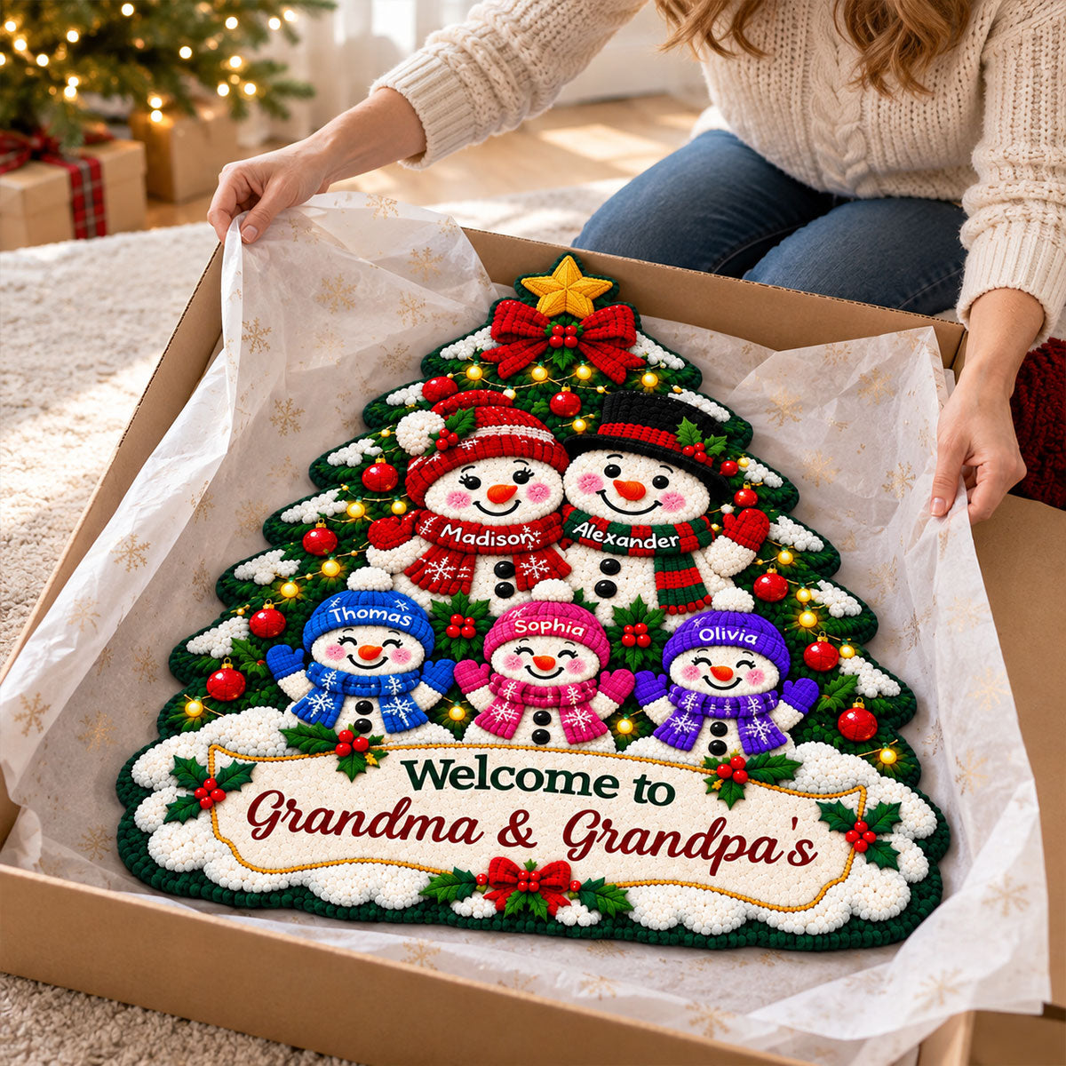 Snowman Grandparents & Grandkids Under Christmas Tree - Personalized Door Mat - Christmas Decor For Grandparents, Family