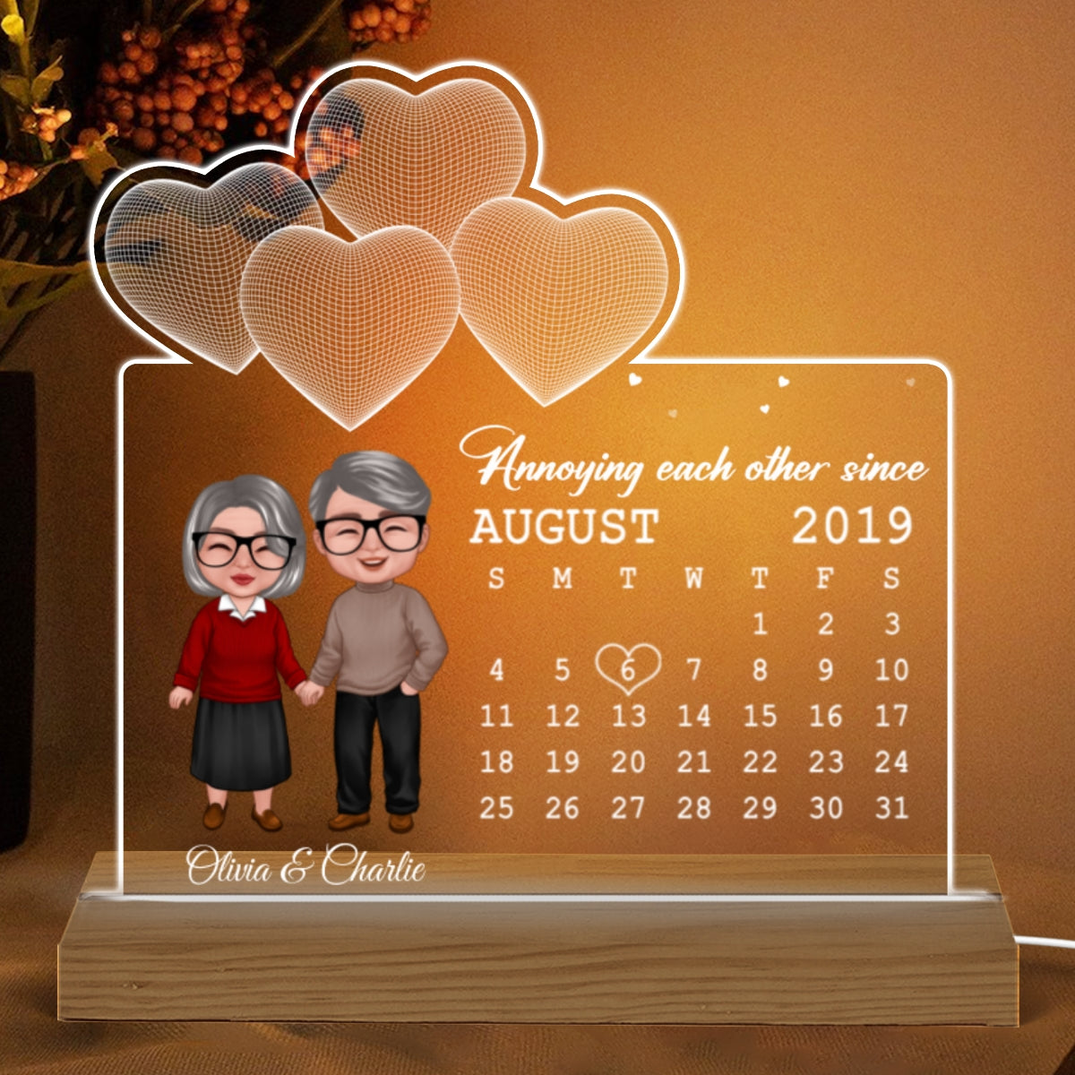Old Doll Couple Under 3D Heart Anniversary Date Calendar Personalized Custom Shape Acrylic Plaque Warm LED Night Light