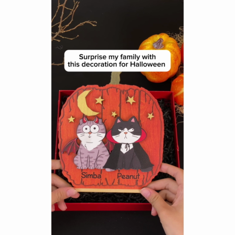 Halloween Funny Cats Pumpkin Shaped Personalized 2-Layer Standing Wooden Plaque, Spooky Halloween Tabletop, Tiered Tray, Shelf Sitter Decoration