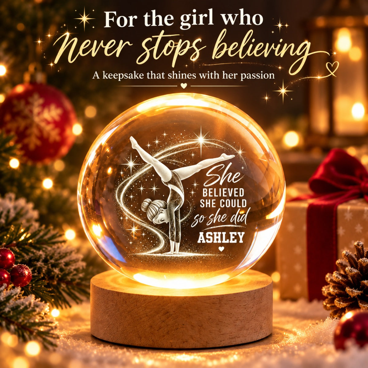 Beautiful Gymnastic Girl She Believed She Could So She Did - Personalized Crystal Ball LED Night Light - Christmas Gift For Gymnastic Girl, Gymnast, Daughter, Granddaughter