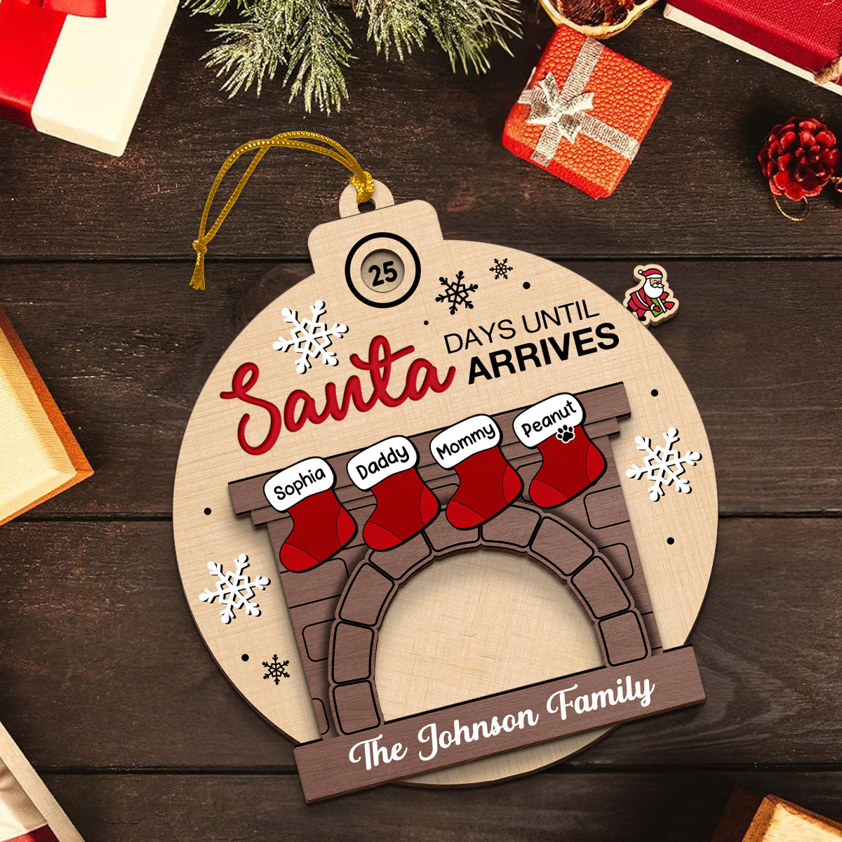 Days Till Santa Arrives Family Christmas Stockings Fireplace Personalized Countdown Ornament