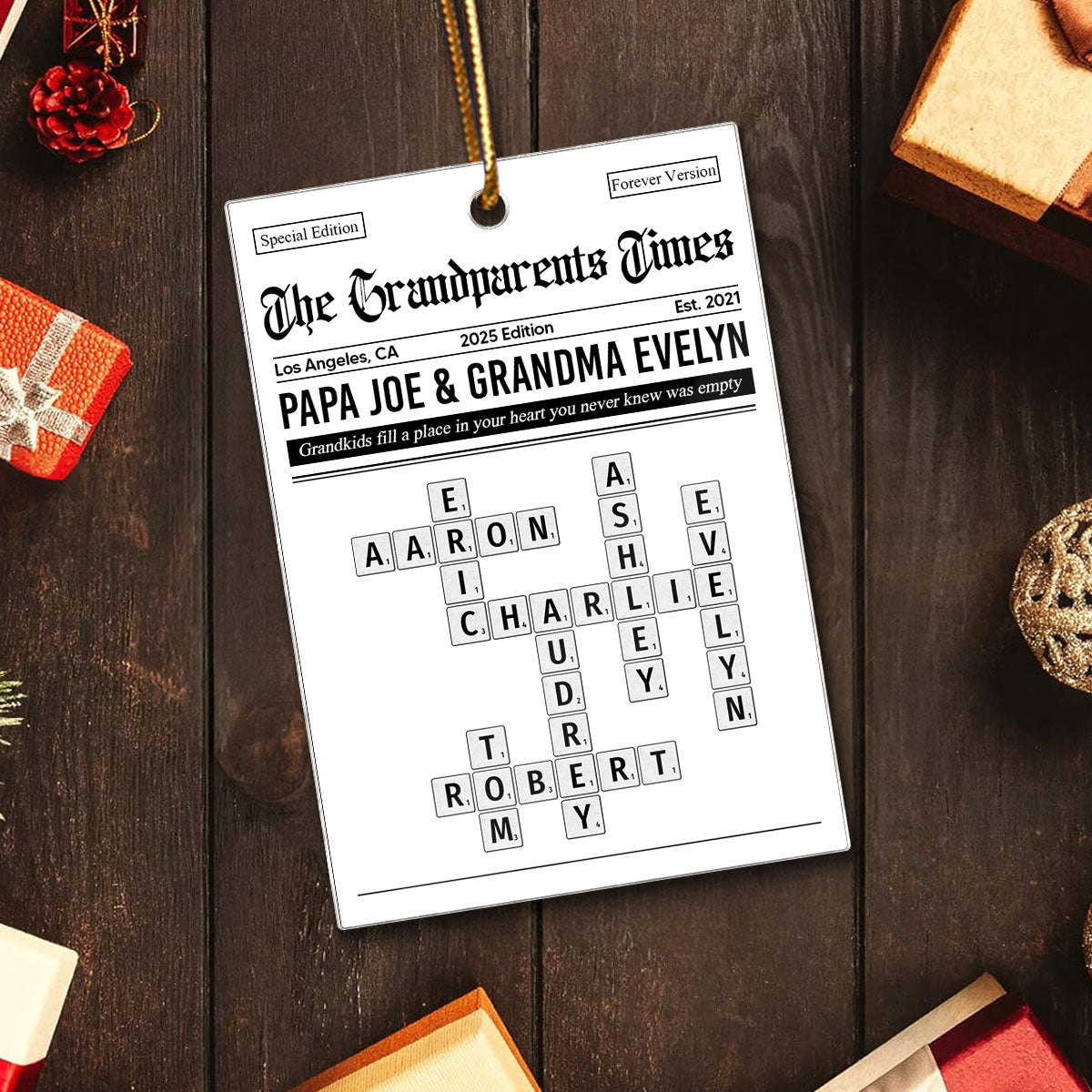 The Grandparents Times Crossword Puzzle Newspaper Style - Personalized Acrylic Ornament - Christmas Keepsake Gift For Grandparents
