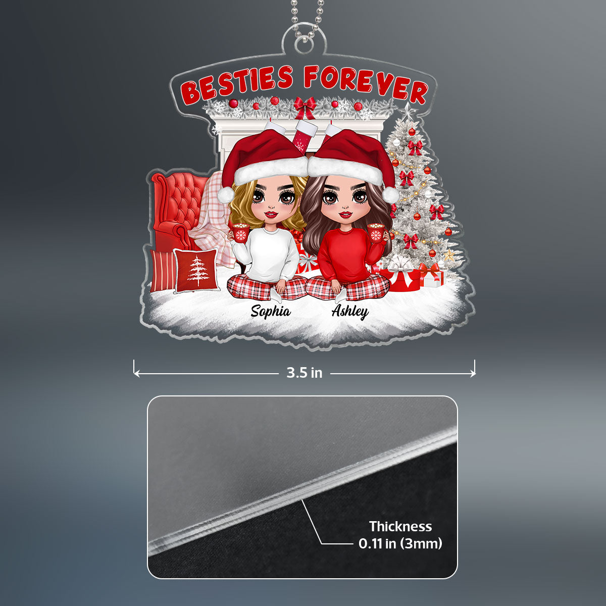 White Christmas Pajamas Doll Besties Sisters Sitting Personalized Acrylic Ornament