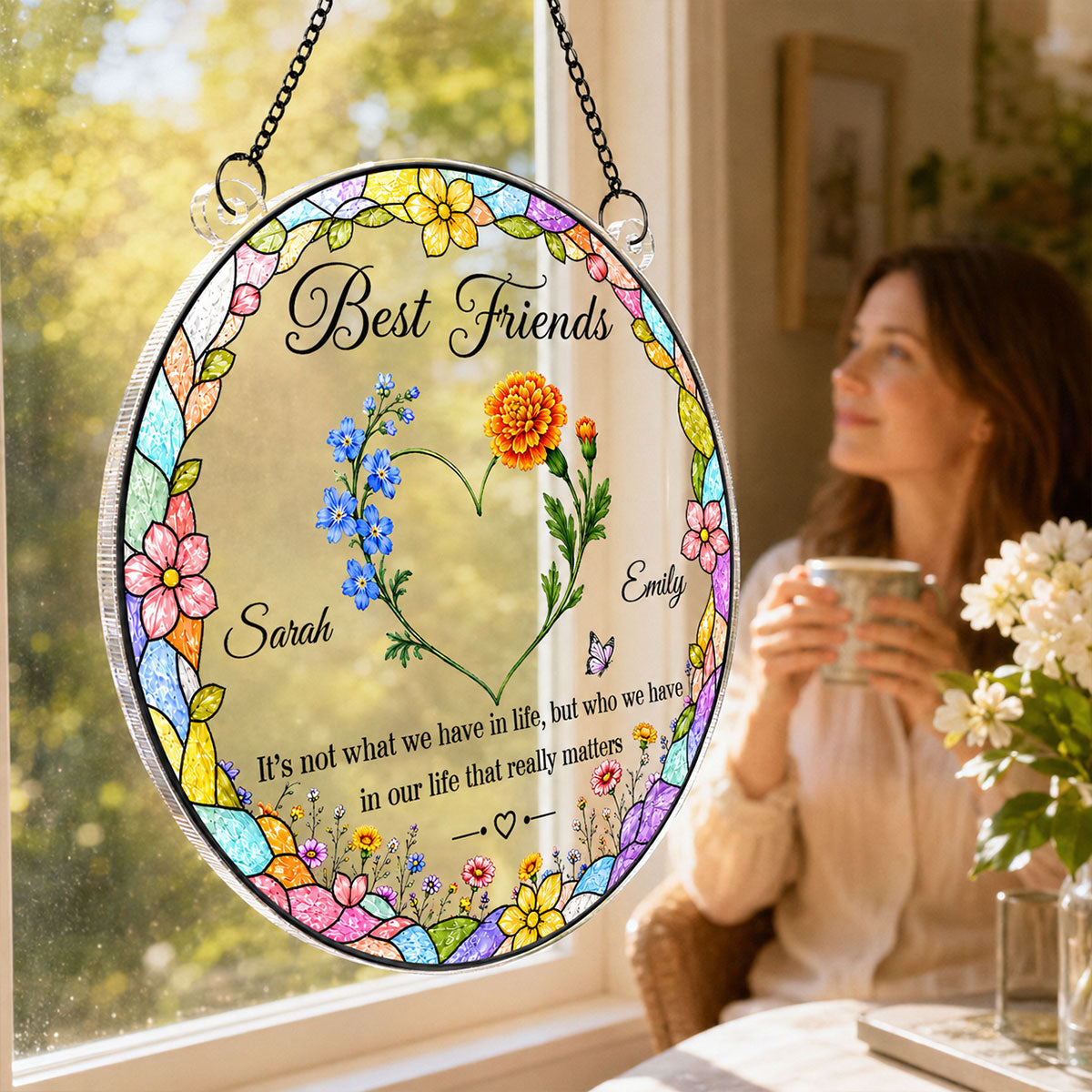 Best Friends Birth Month Flowers Heart Shaped - Personalized Acrylic Window Hanging - Friendship Gift for Besties