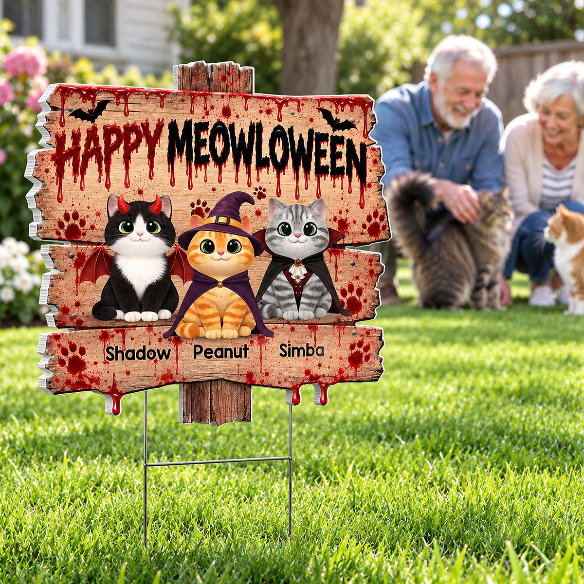 Happy Meowloween Spooky Cats - Personalized Yard Sign - Halloween Decor For Cat Lovers