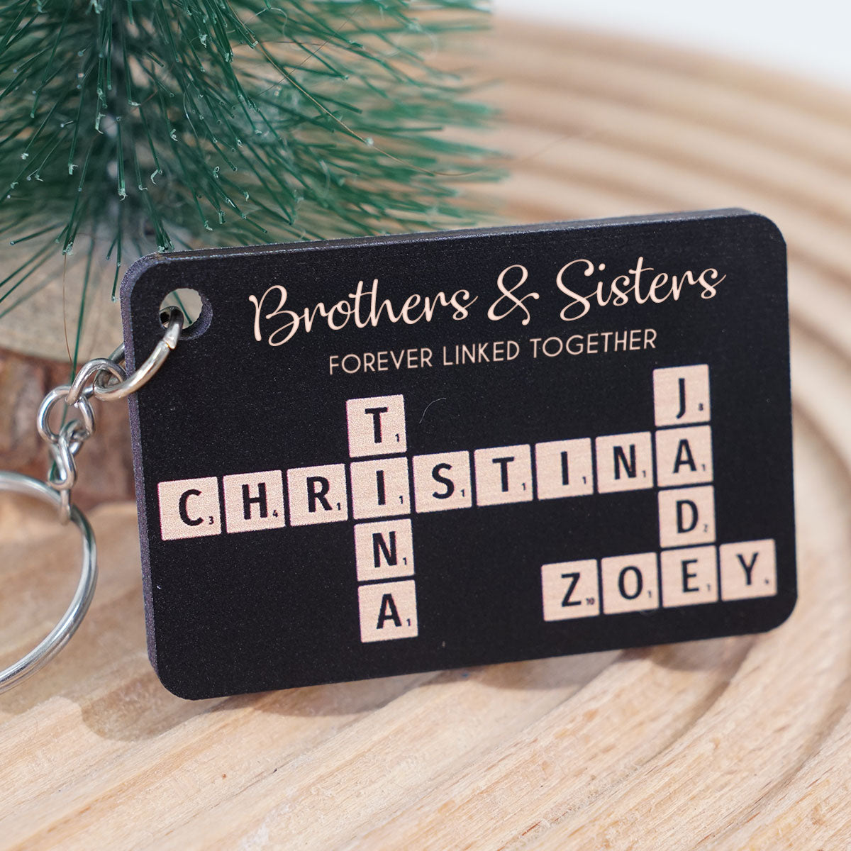 Brothers & Sisters Forever Linked Together Crossword Puzzle Art Personalized Wooden Keychain, Christmas Gift For Brothers, Sisters, Siblings, Family