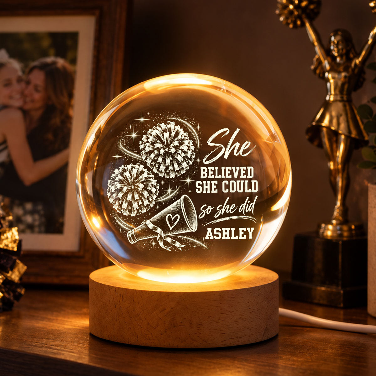 Beautiful Proud Cheerleader Custom Name - Personalized Crystal Ball LED Night Light - Christmas Gift For Cheerleaders, Daughter, Granddaughter