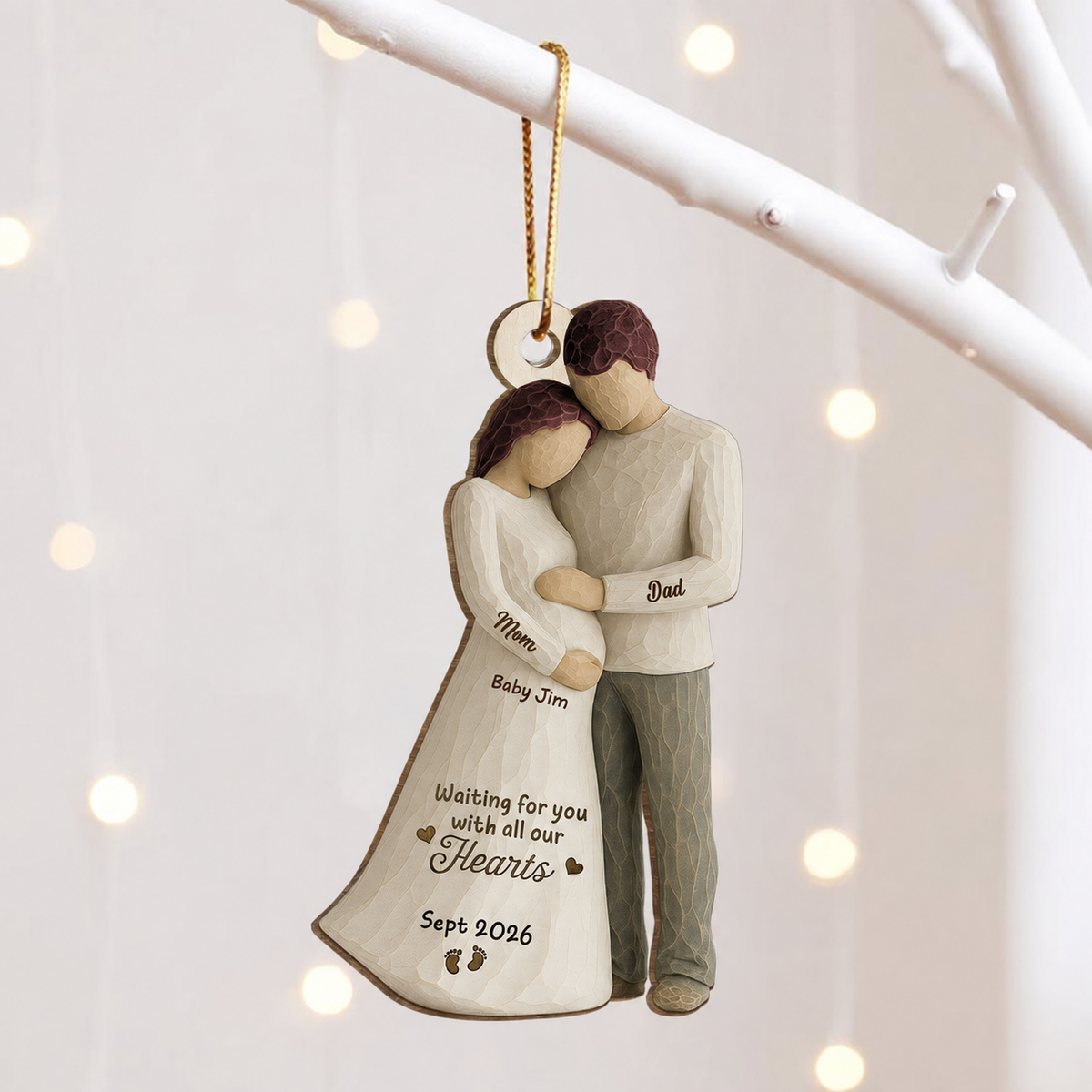 2D Flat Waiting For You With All Our Hearts Couple Expecting Baby - Personalized Wooden Ornament, Baby Shower Gift For Parents-to-be