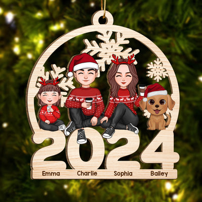 Cute Family Dad Mom Kid Dog Cat Sitting On 2024 Cut-through Personalized Wooden Ornament