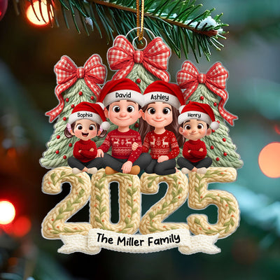 Family Sitting 2025 Latch Hook Yarn Faux - Personalized Acrylic Ornament - Christmas Gift for Family