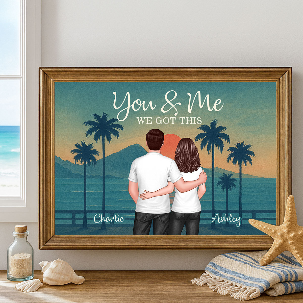 Retro Back View Couple Standing Hugging Personalized Poster, Anniversary gift for him, for her