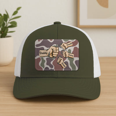 Dad Grandpa & Kids Fist Bump Fishing With Hooks Personalized Leather Patch Hat, Father's Day Gift For Husband, For Dad, For Grandpa