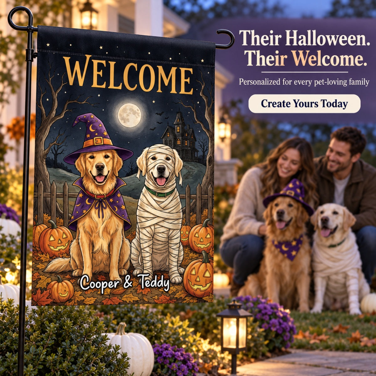 Vintage Dog Cat Halloween Night Photo Upload - Personalized Garden Flag - Halloween Gift For Dog Mom, Cat Mom