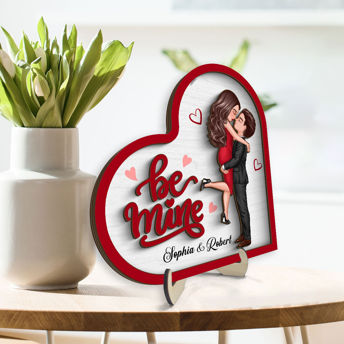 Be Mine Couple Hugging Kissing Valentine‘s Day Gift For Her Personalized 2-Layer Wooden Plaque