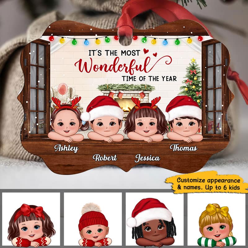 Cute Kids Looking Outside Window Personalized Christmas Ornament