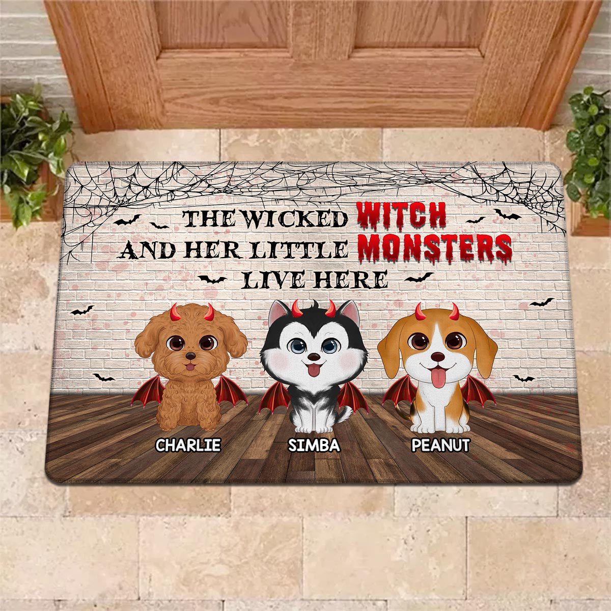 Halloween Brick Background Watercolor Cute Dogs Personalized Doormat