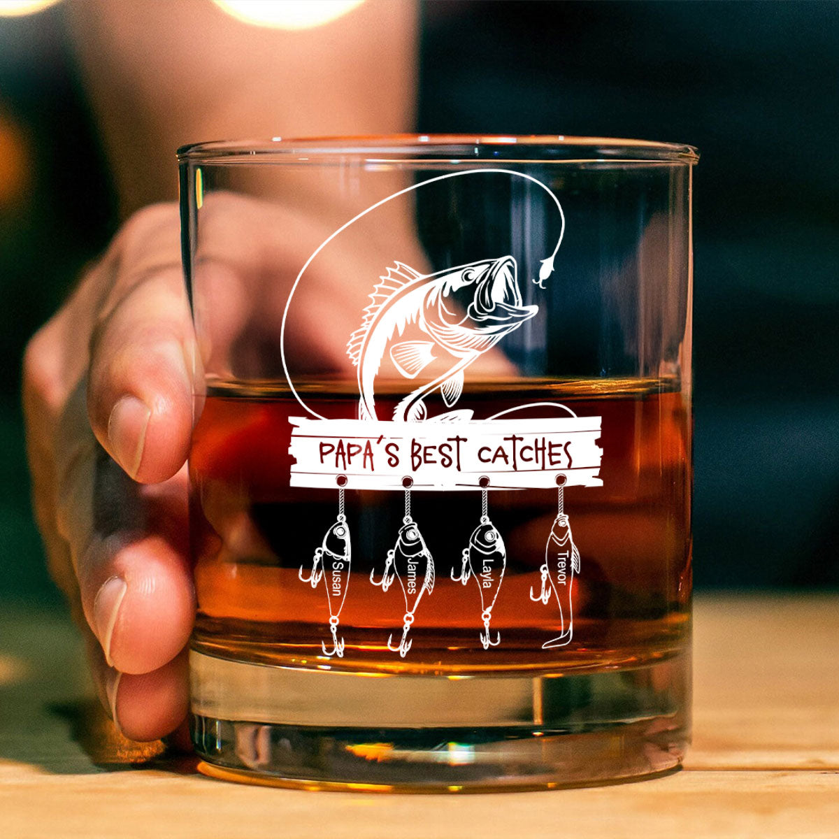 Daddy Grandpa Best Catch Personalized Whiskey Glass, Father's Day gift for Fishing Dad