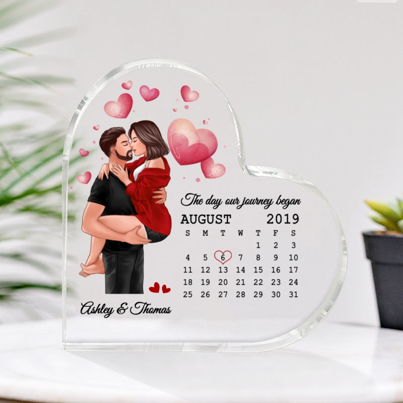 Man Holding Woman Kissing Calendar Anniversary Date Anniversary Personalized Heart Shaped Acrylic Plaque