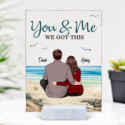 Back View Couple Hugging Sitting Beach Landscape Personalized Acrylic Plaque