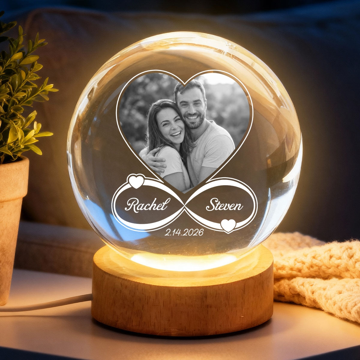 Eternal Love Custom Couple Photo Inside Infinity Heart - Personalized Crystal Ball LED Night Light - Valentine's Day Gift For Couple, For Her, For Him