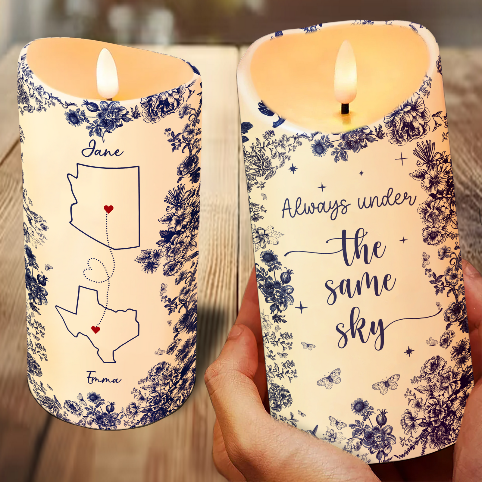 Chinoiserie Pattern Long Distance Besties Always Under The Same Sky Personalized LED Candle