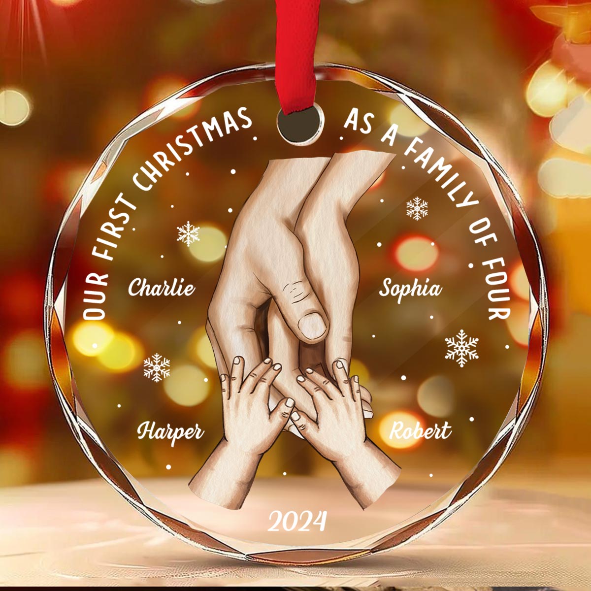 First Christmas As Family Hands On Hands Personalized Glass Ornament