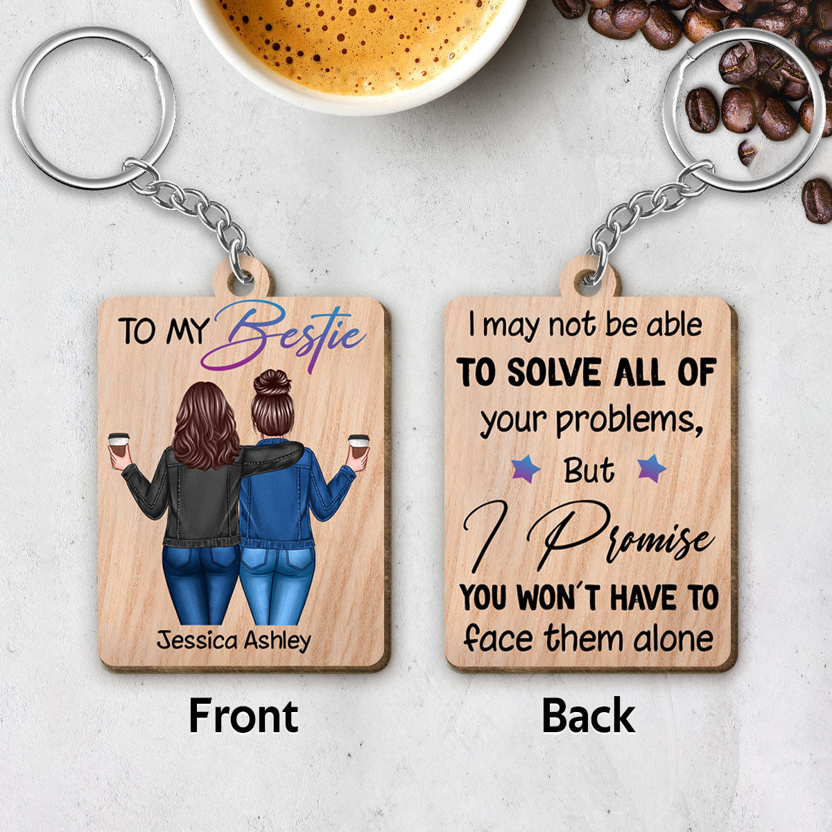 Back View Besties To My Bestie Personalized Wooden Keychain