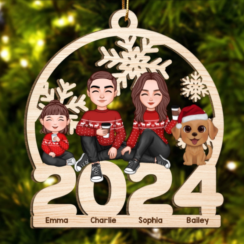Cute Family Dad Mom Kid Dog Cat Sitting On 2024 Cut-through Personalized Wooden Ornament