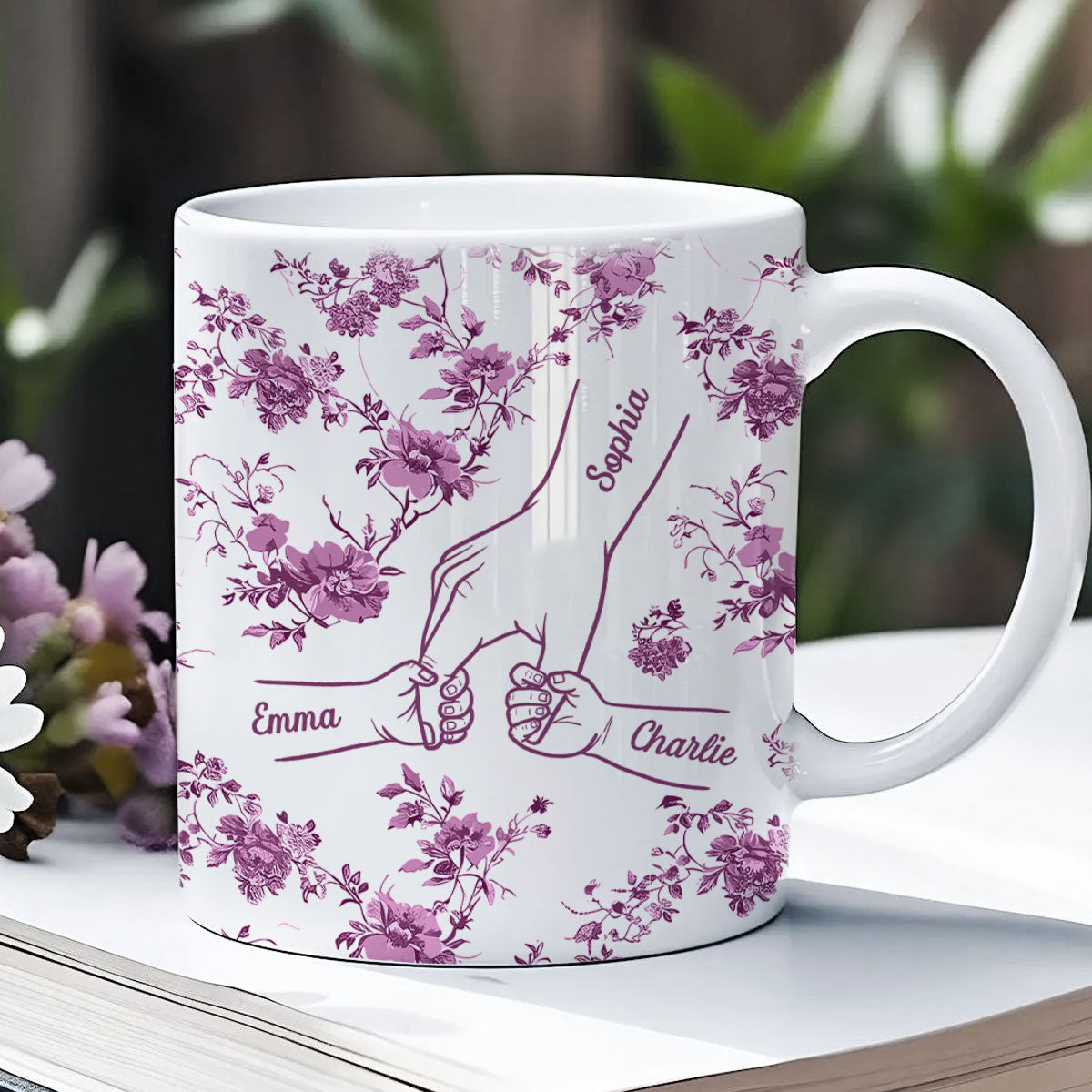 Mom & Kids Hands Holding Outline Chinoiseries Pattern Personalized Mug