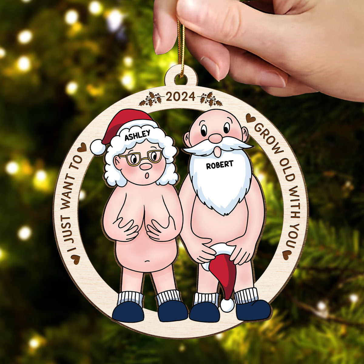 Funny Old Couple Personalized 1-Layer Wooden Ornament Christmas Gift for Him for Her
