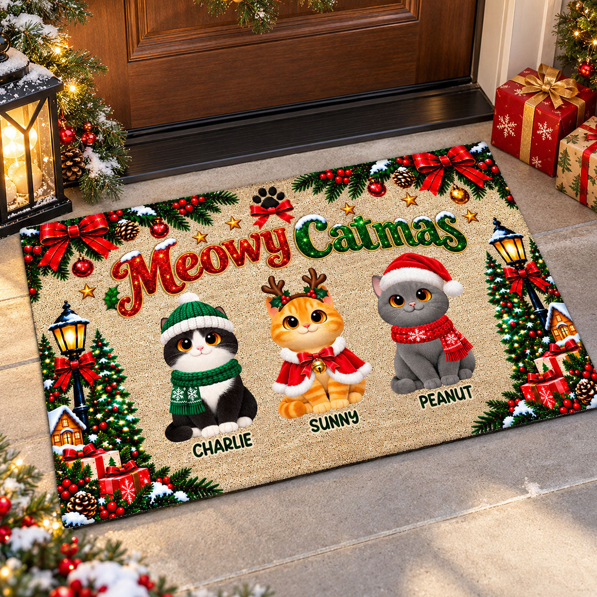 Christmas Meowy Catmas Cute Cats - Personalized Doormat - Christmas Gift For Cat Lovers, Christmas Decor